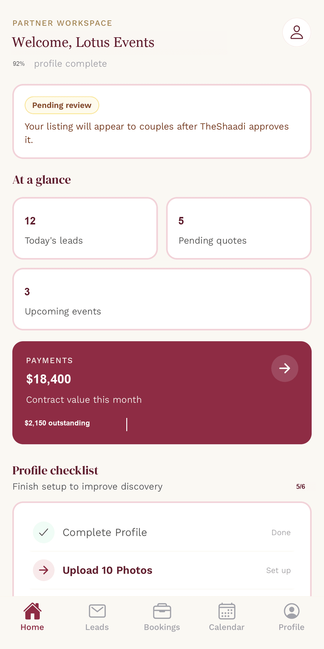 TheShaadi Partner dashboard